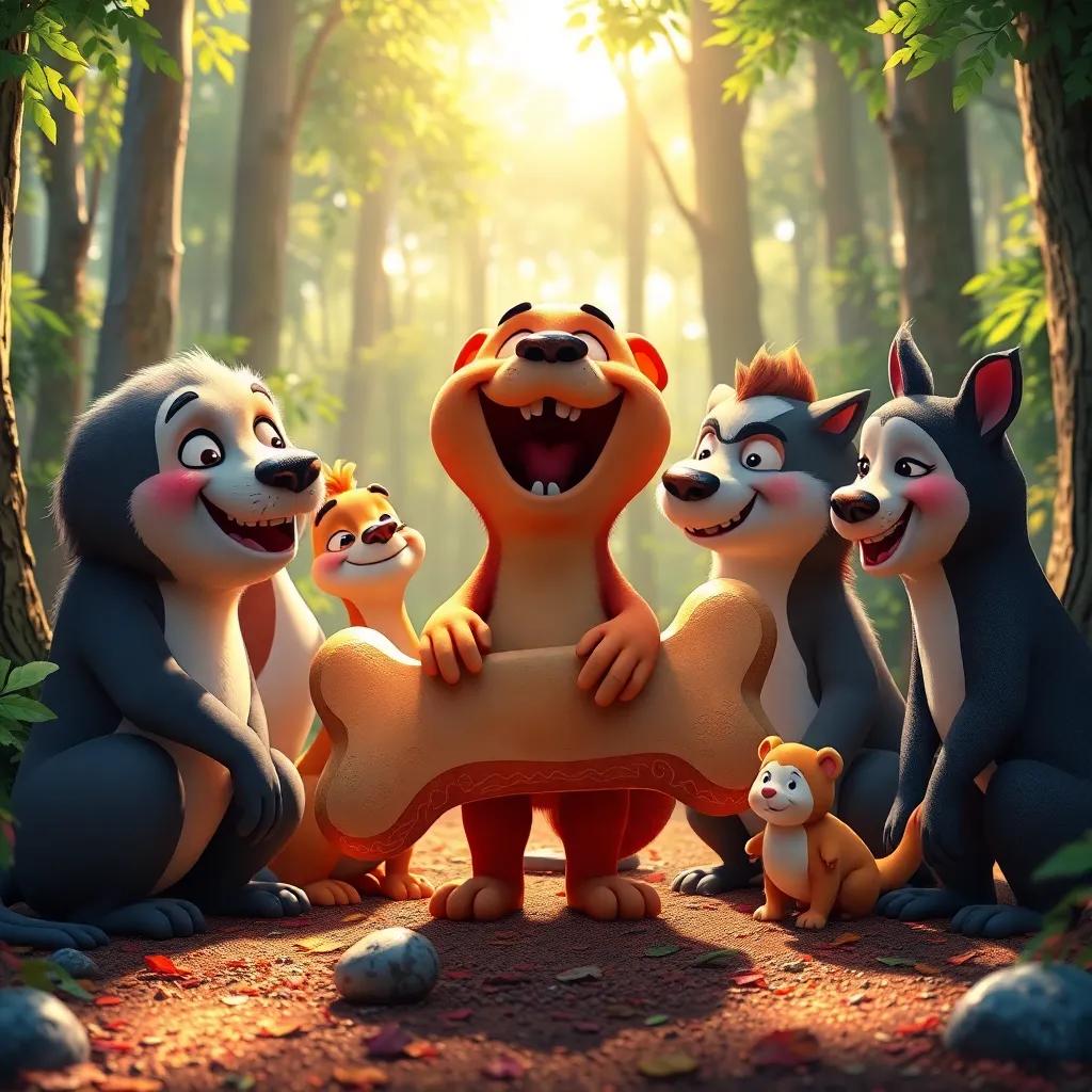 The singing bone in the middle of playful forest animals harmonizing, with smiles and joy all around, celebrating friendship in the sunny woods, colorful and bright, fantastic atmosphere