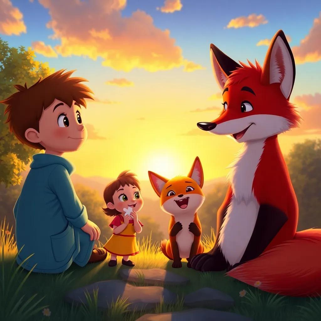 Benny, Lucy, Timmy, and Mr. Fox enjoying a beautiful sunset after a day of playing together, togetherness and happiness shining in the scene, magical colors, heartwarming feelings, enchanting illustration