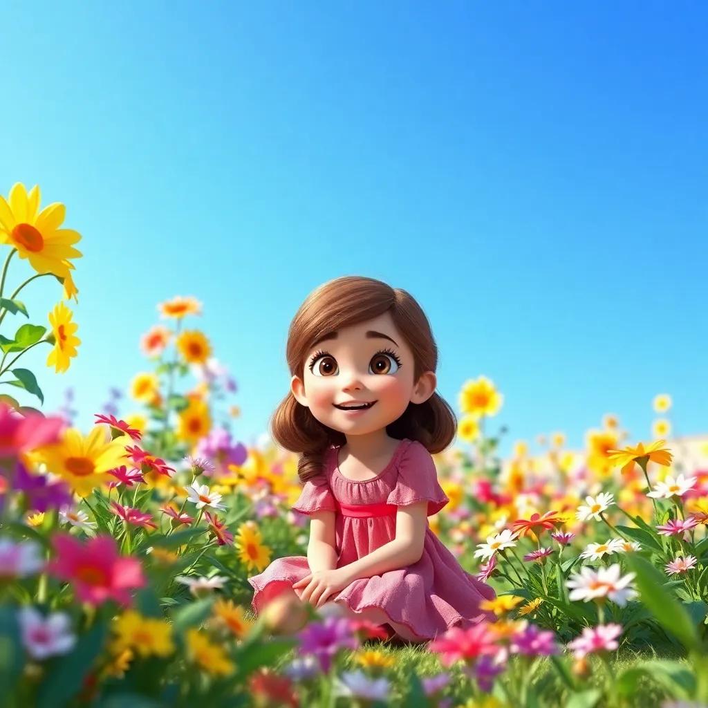A young girl, Mia, with brown hair wearing a pink dress, sitting in a colorful garden full of blooming flowers, under a clear blue sky, joyful and curious expression, digital art, vibrant colors, warm atmosphere, high quality