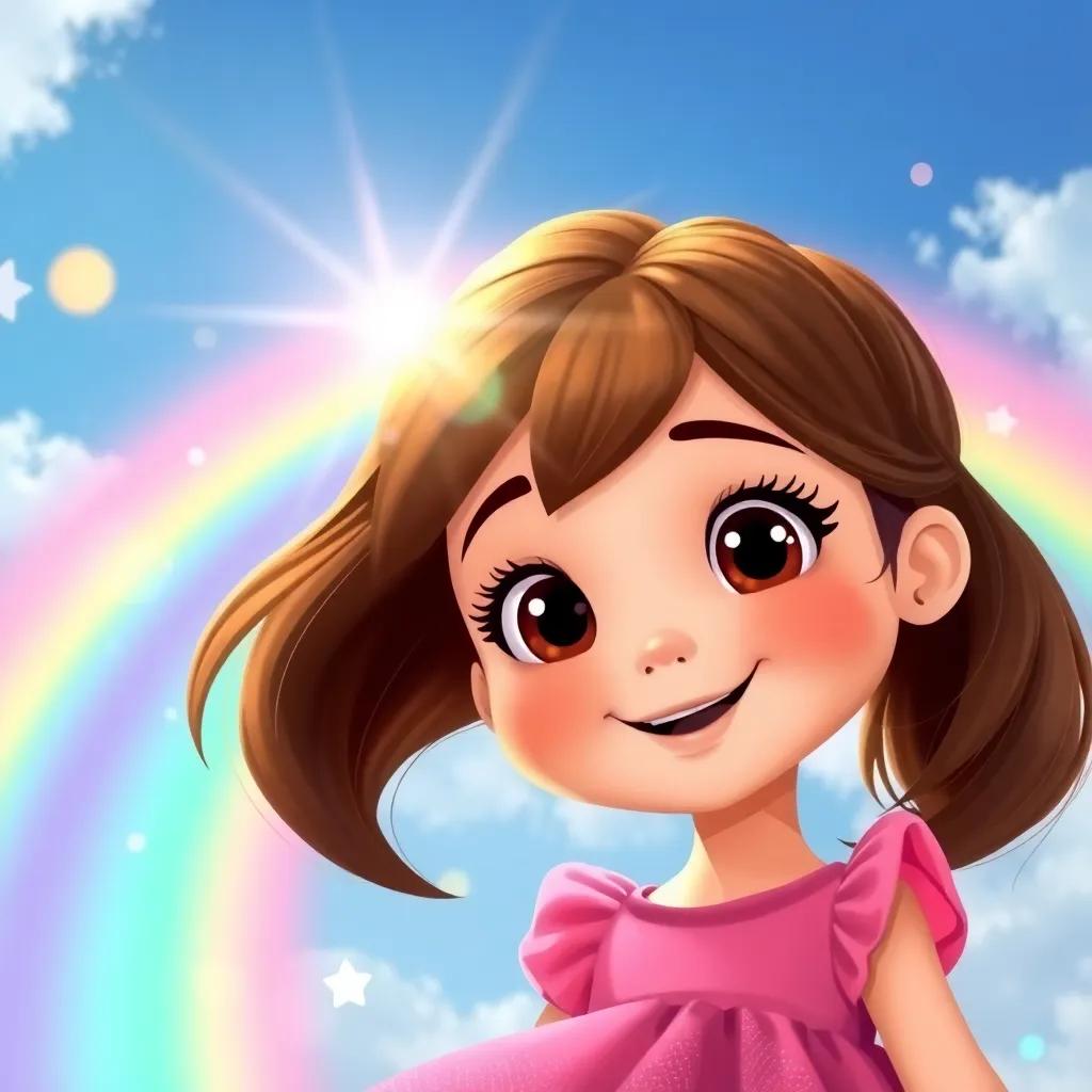 A beautiful rainbow shimmering in the sky, with sparkling colors flying towards Mia, a young girl with brown hair in a pink dress, with a cheerful smile and wide eyes, bright and magical, child-friendly, high quality