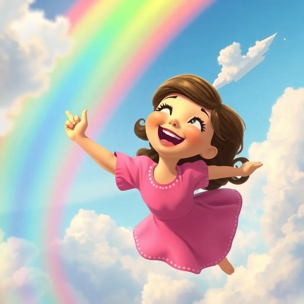 Mia, a young girl with brown hair in a pink dress, flying joyfully holding the rainbow's hand, with clouds and colorful sky around them, laughter and excitement in her eyes, cheerful, digital painting, dynamic and lively