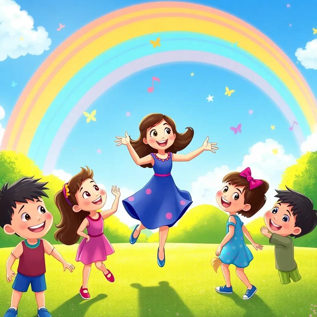 Mia and the rainbow dancing through the sky, with children in a playground looking up, happy smiles as they join the melody, bright colors and happiness in the air, illustration, whimsical, high quality
