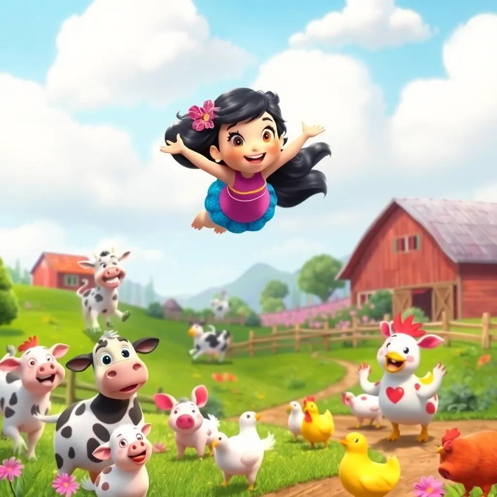 Mia flying over a colorful farm with happy animals, cows, pigs, and chickens joining the rainbow's tune, playful scene, animated, cheerful atmosphere, vibrant colors, high quality
