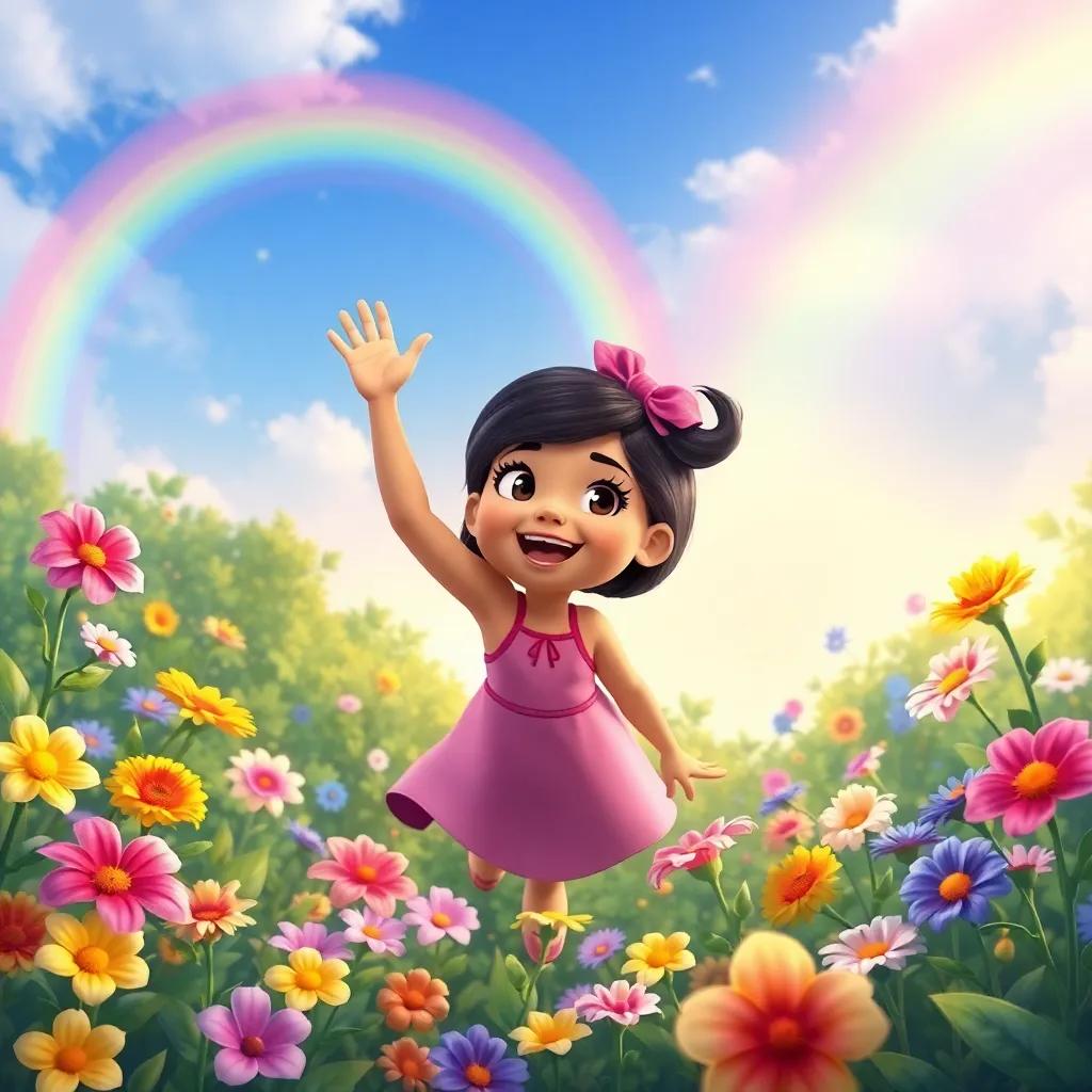 Mia, landing back in her garden, smiling and waving to the rainbow, surrounded by flowers, feeling joy and friendship, colorful and heartwarming scene, digital art, vivid colors, high quality