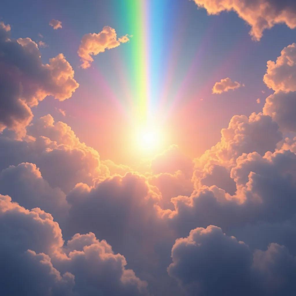 The rainbow shining brightly in the sky, glowing with colors, surrounded by fluffy clouds, magical and enchanting atmosphere, beautiful and inviting, digital painting, stunning colors, high quality