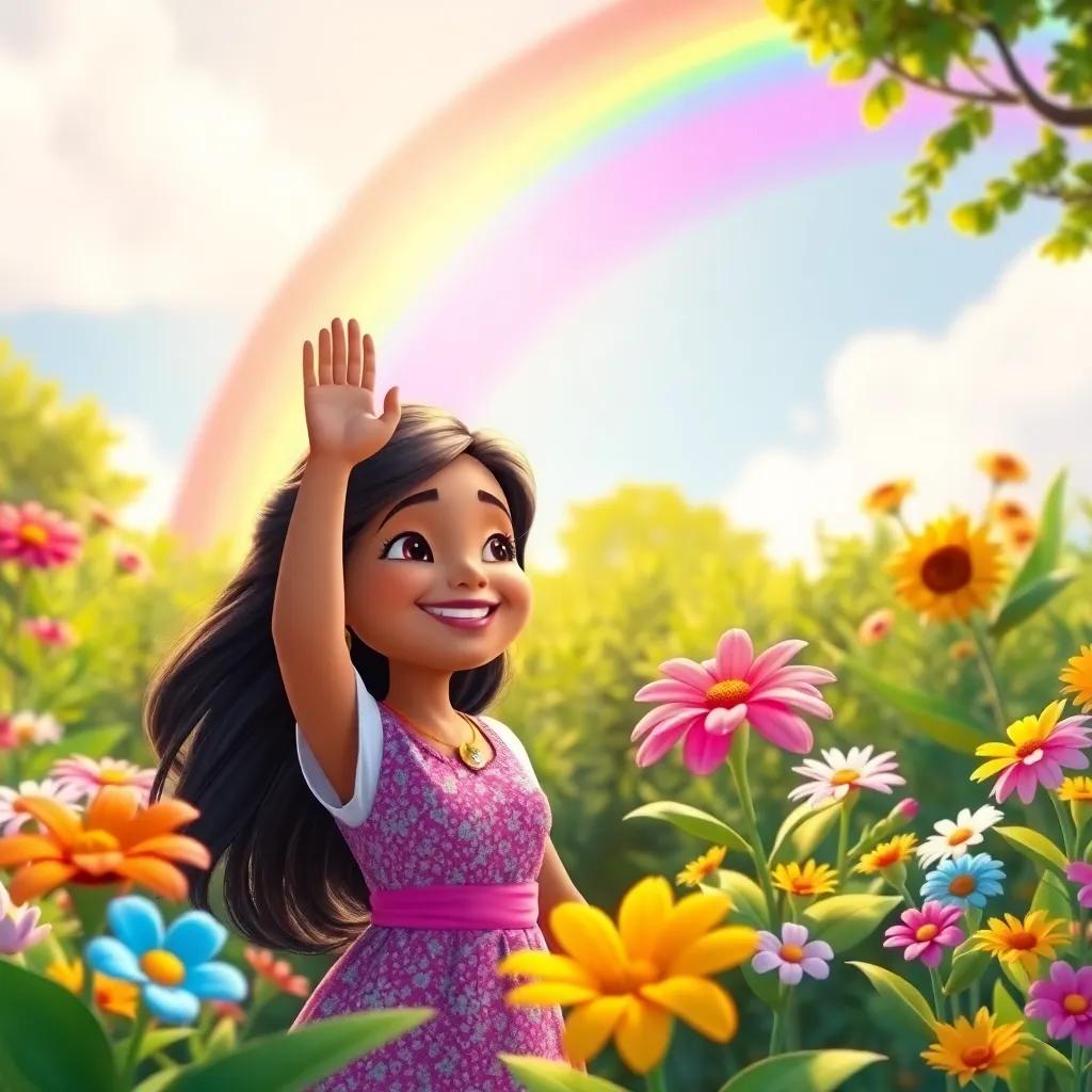 Mia, waving goodbye to the rainbow, with a warm smile, surrounded by her garden, feeling cherished and joyful, bright atmosphere, colorful flowers, digital art, bright and whimsical