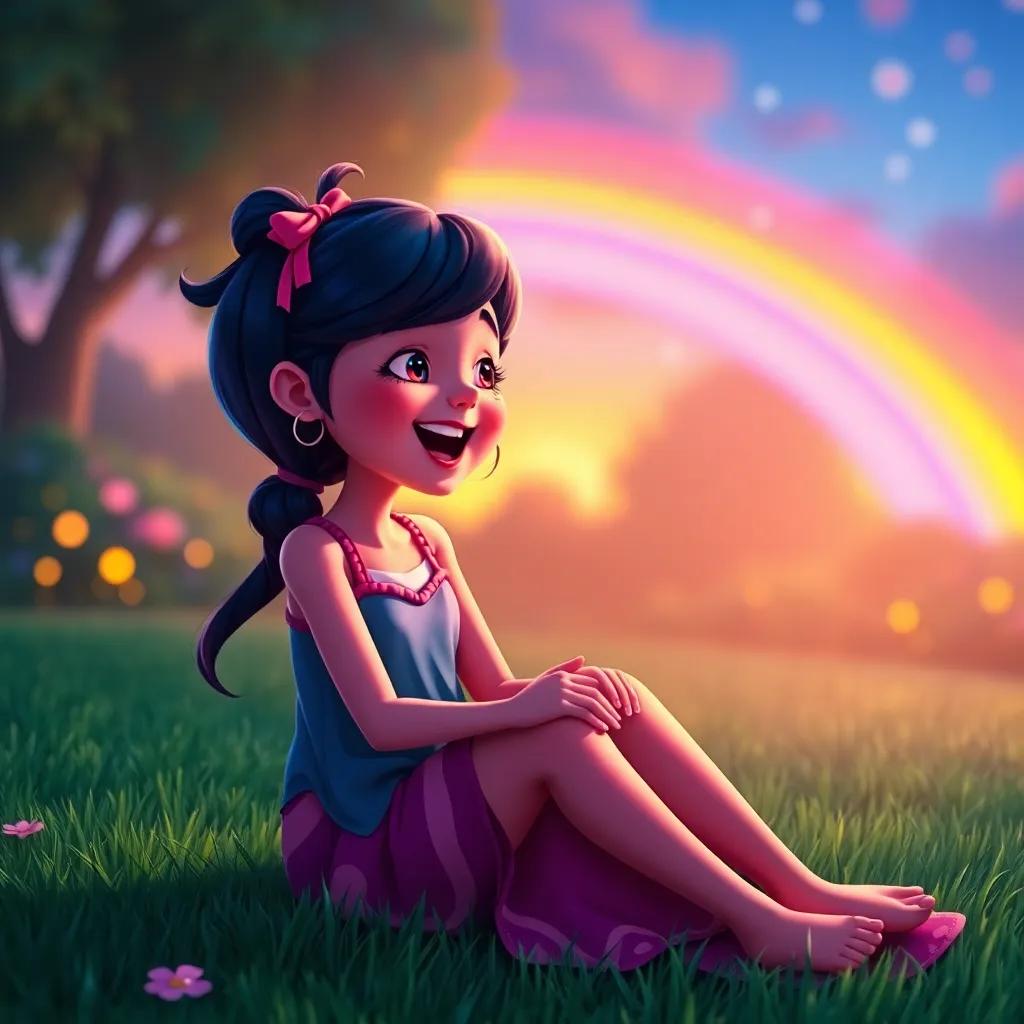 Mia, reminiscing about her adventure with the rainbow, sitting on her lawn, singing a little tune to herself, expressing happiness, vibrant colors and soft lights, digital illustration, warm and cheerful