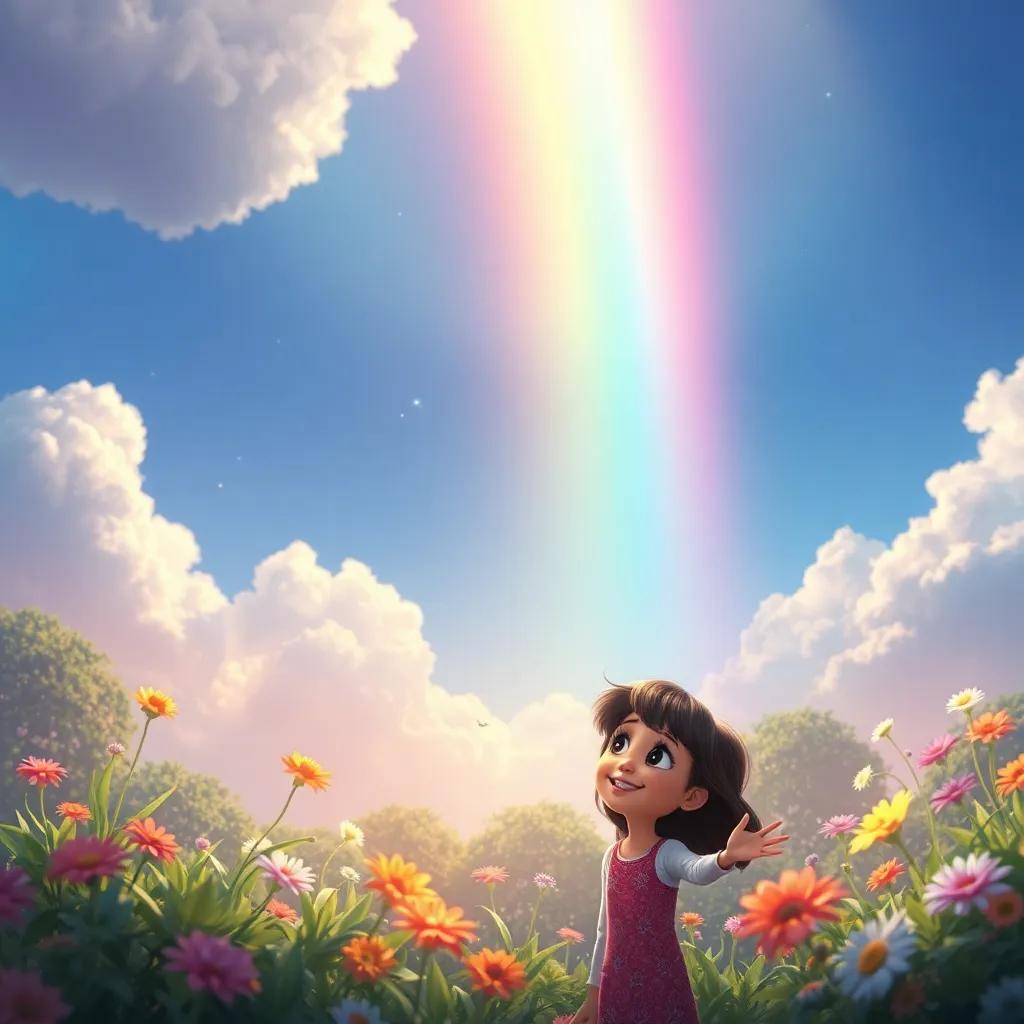 The rainbow fading gently into the clouds, leaving a trail of sparkles behind, with Mia in her garden, looking up with a sparkle in her eye, joyful and magical atmosphere, vibrant digital art, high quality