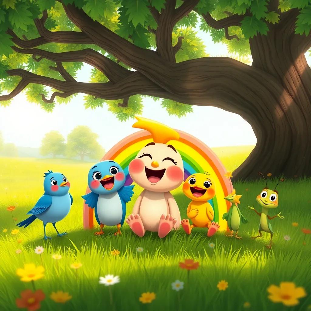 Rosie the rainbow with happy friends—a bluebird, a lark, and a grasshopper, sitting in a lush green meadow under a big tree, excited expressions, warm sunny day, cheerful colors, illustration, joyful, storybook style