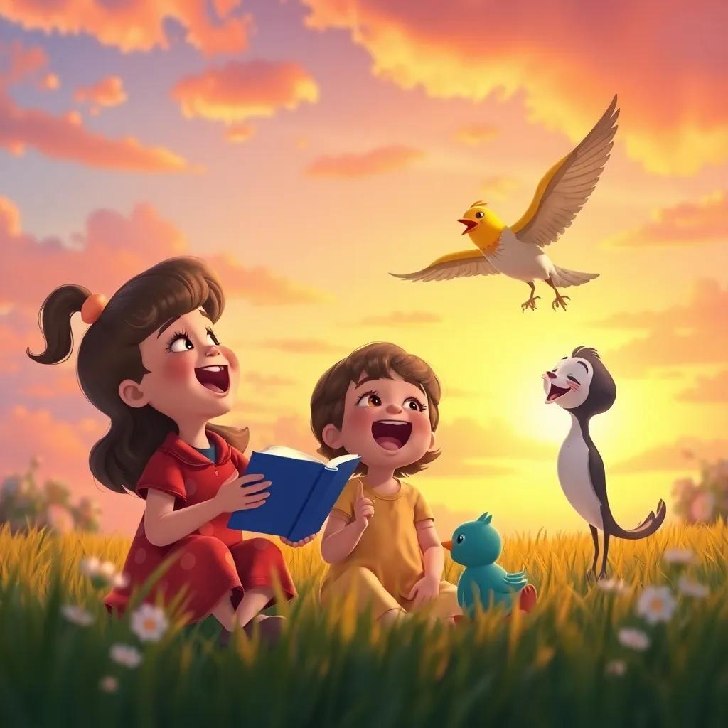 A joyful scene of Rosie learning to sing with her friends, Lila the lark soaring high, singing joyfully, colorful sky painted by the sunset, gentle hues, harmonious atmosphere, warm colors, realistic illustration