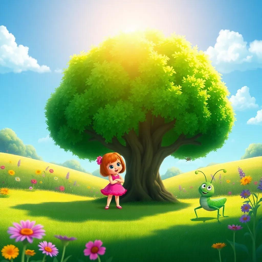Rosie the rainbow preparing to sing under the big green tree, with Gabby the grasshopper hopping cheerfully nearby as the sun shines, detailed landscape, bright and cheerful, imaginative theme, vibrant colors, high quality