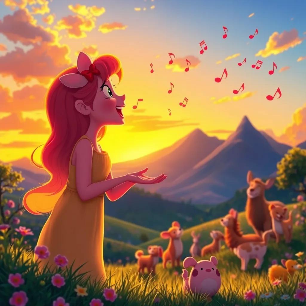 Rosie singing beautifully against the sunset sky, notes of music swirling and dancing around her colors, animals in the valley watching in delight, joyful atmosphere, warm light showering everything, detailed illustration, harmony, story-like