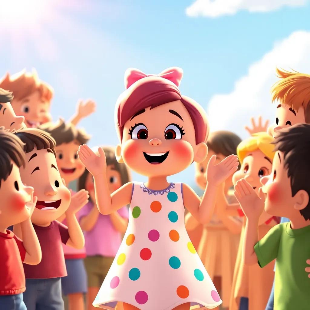 Children cheering and clapping for Rosie as she sings with all her colors, bright sunlight illuminating the scene, colorful expressions, warm and welcoming atmosphere, joyful scenery, digital art, artistic rendering, captivating quality
