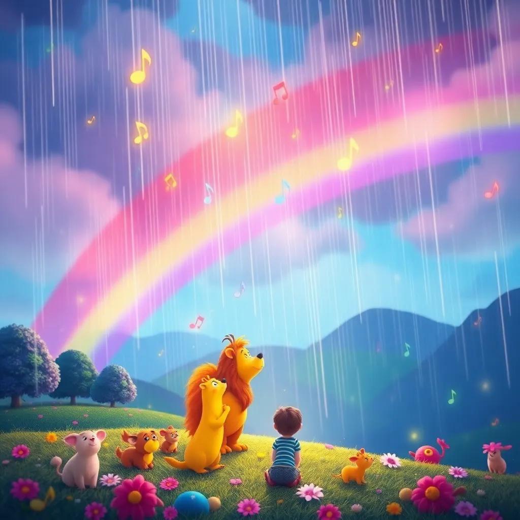 A magical scene of Rosie the rainbow singing every time it rains, colorful notes floating in the sky, bright animals listening below, dynamic hues, dreamy landscape, charming and whimsical, high quality, imaginative