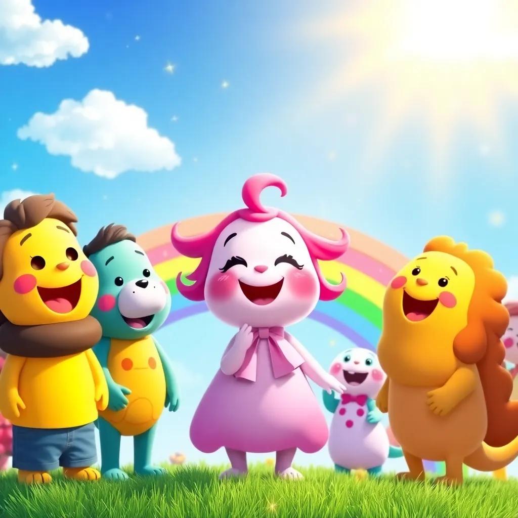 Rosie the rainbow surrounded by friends, always singing together under the sunshine and blue skies, promoting happiness and joy, cheerful colors and lively atmosphere, sparkling details, warm and inviting digital art