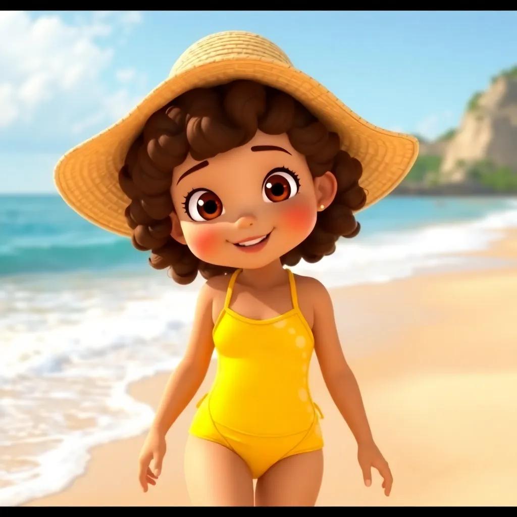 A girl named Mia, a young girl with curly brown hair, wearing a bright yellow swimsuit and a floppy sun hat, walking along a sandy beach with gentle waves, bright sunny day, cheerful atmosphere, vibrant colors, high quality