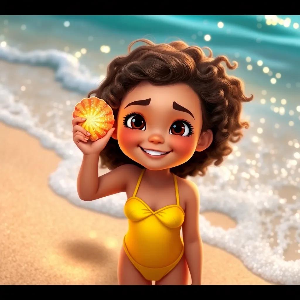 Mia, a young girl with curly brown hair in a bright yellow swimsuit, holding a shiny seashell to her ear, with a joyful expression, surrounded by glistening sand and sparkling ocean waves, magical scene, bright colors, high quality