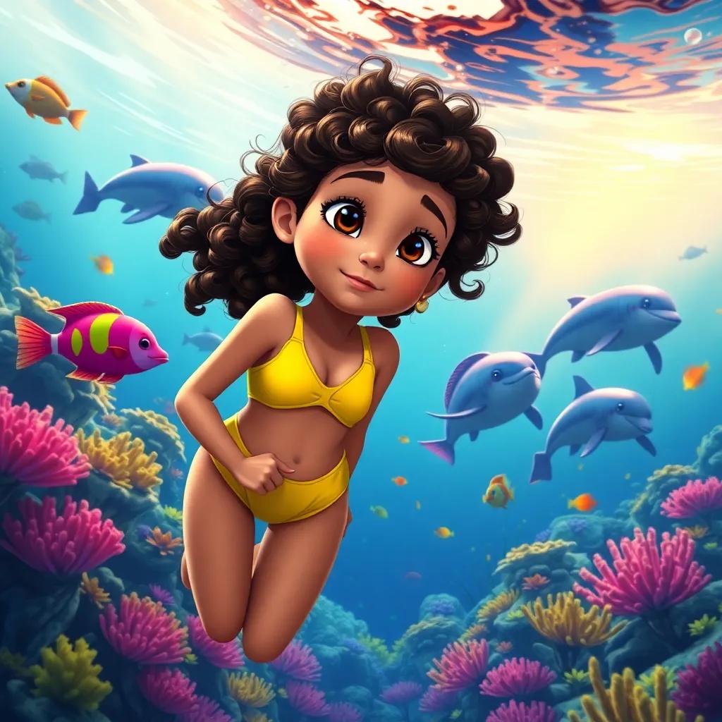 Mia, a young girl with curly brown hair in a bright yellow swimsuit, daydreaming of swimming underwater with colorful fish and playful dolphins, vibrant underwater scene, bright corals and fish, dreamy atmosphere, high quality