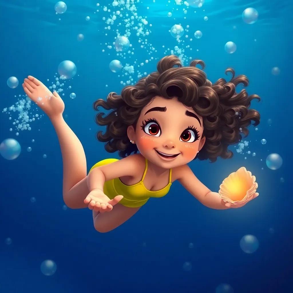 Mia, a young girl with curly brown hair in a bright yellow swimsuit, diving into the deep blue sea, surrounded by bubbles, with the seashell glowing brightly in her hand, exciting underwater adventure, dynamic composition, high quality