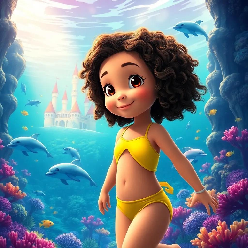 Mia, a young girl with curly brown hair in a bright yellow swimsuit, discovering a magical underwater world filled with coral castles, playful dolphins, and colorful fish, enchanting atmosphere, vibrant colors, high quality