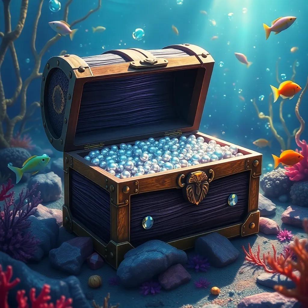 A treasure chest filled with shiny pearls and sparkling gems, resting on the seabed surrounded by colorful fish and seaweed, magical underwater scene, rich colors, high quality