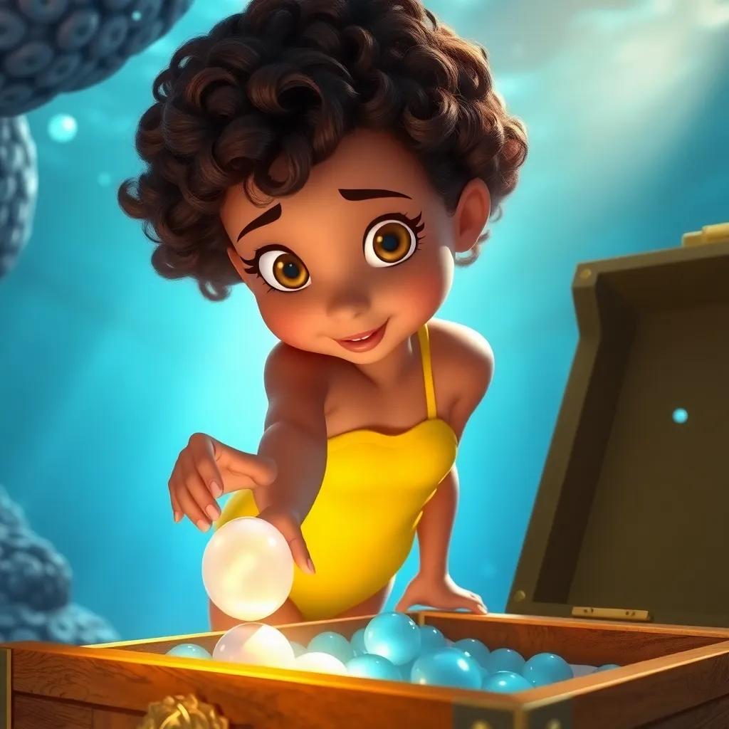 Mia, a young girl with curly brown hair in a bright yellow swimsuit, reaching for a pearl in a treasure chest, with a look of wonder on her face, underwater light shining through, enchanting scene, high quality