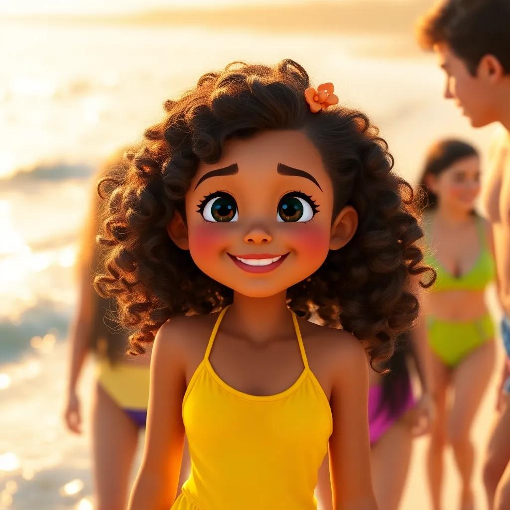 Mia, a young girl with curly brown hair in a bright yellow swimsuit, smiling and talking with her friends on the beach, golden sunlight making waves sparkle, cheerful scene, bright colors, high quality
