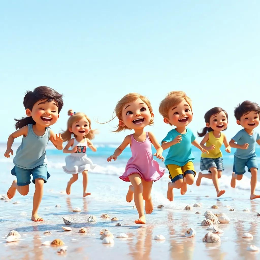 A group of children, with joyful expressions, running along the beach, singing and laughing, collecting seashells, bright sunny day, vibrant colors, high quality