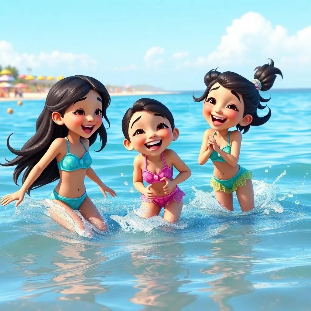 Mia and her friends, giggling and playing in the sea, splashing water, with the colorful beach in the background, happy summer day, bright and cheerful scene, high quality