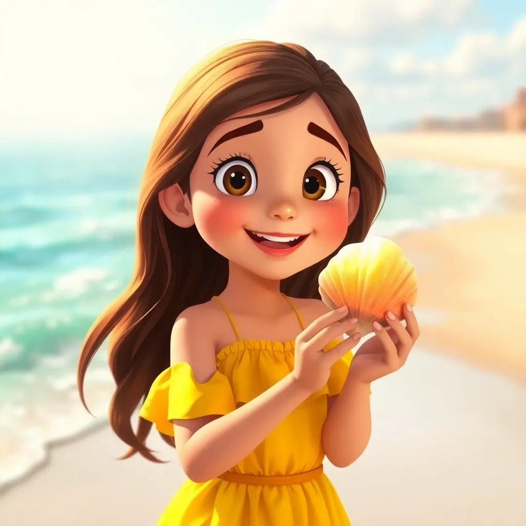 A young girl, Maya, with long, brown hair wearing a bright yellow dress, holding a shiny seashell at the beach under sunlight, smiling and looking amazed, digital art, cheerful, warm colors, inviting atmosphere, high quality