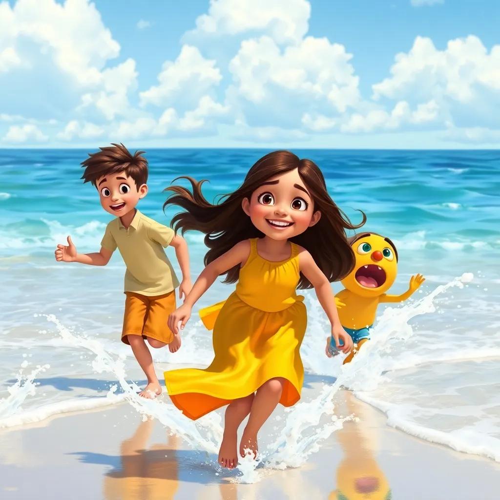 Maya, a young girl with long, brown hair in a bright yellow dress, running with her friends Ben, Luna, and Jake along the beach, excited expressions, splashing water all around, beautiful ocean in the background, digital painting, vivid colors, joyful scene, high quality