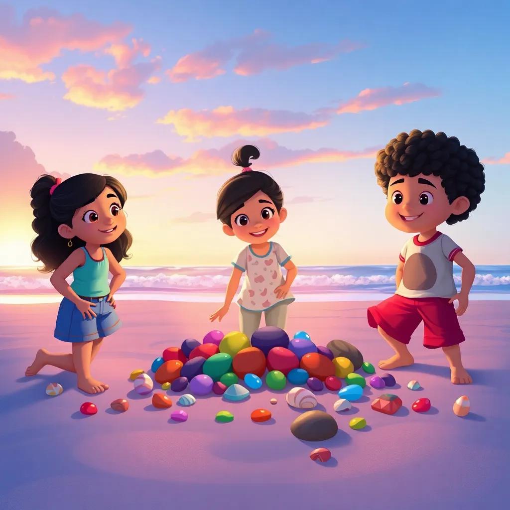 Maya and her friends Ben, a young boy in blue shorts, Luna, a girl in a patterned t-shirt, and Jake, a boy with curly hair in red capris, setting up a stage with colorful stones and shells on the beach, sunset sky glowing, cheerful vibe, illustration, colorful, engaging composition, high quality