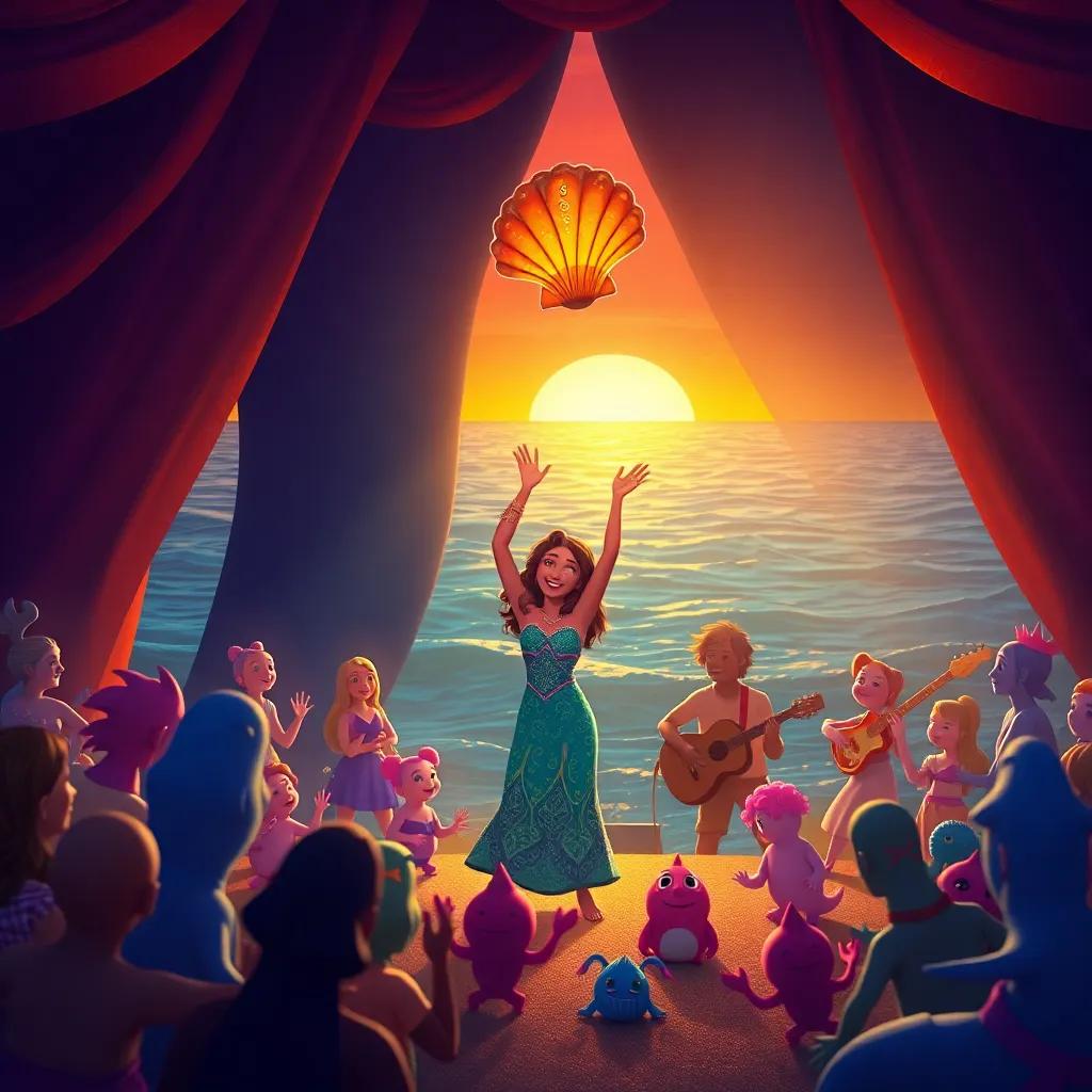 Maya holding the seashell high on stage with friends dancing and playing instruments around her at sunset, sea creatures gathering to watch, vibrant ocean backdrop, lively colors, happiness in the air, digital art, storytelling view, high quality