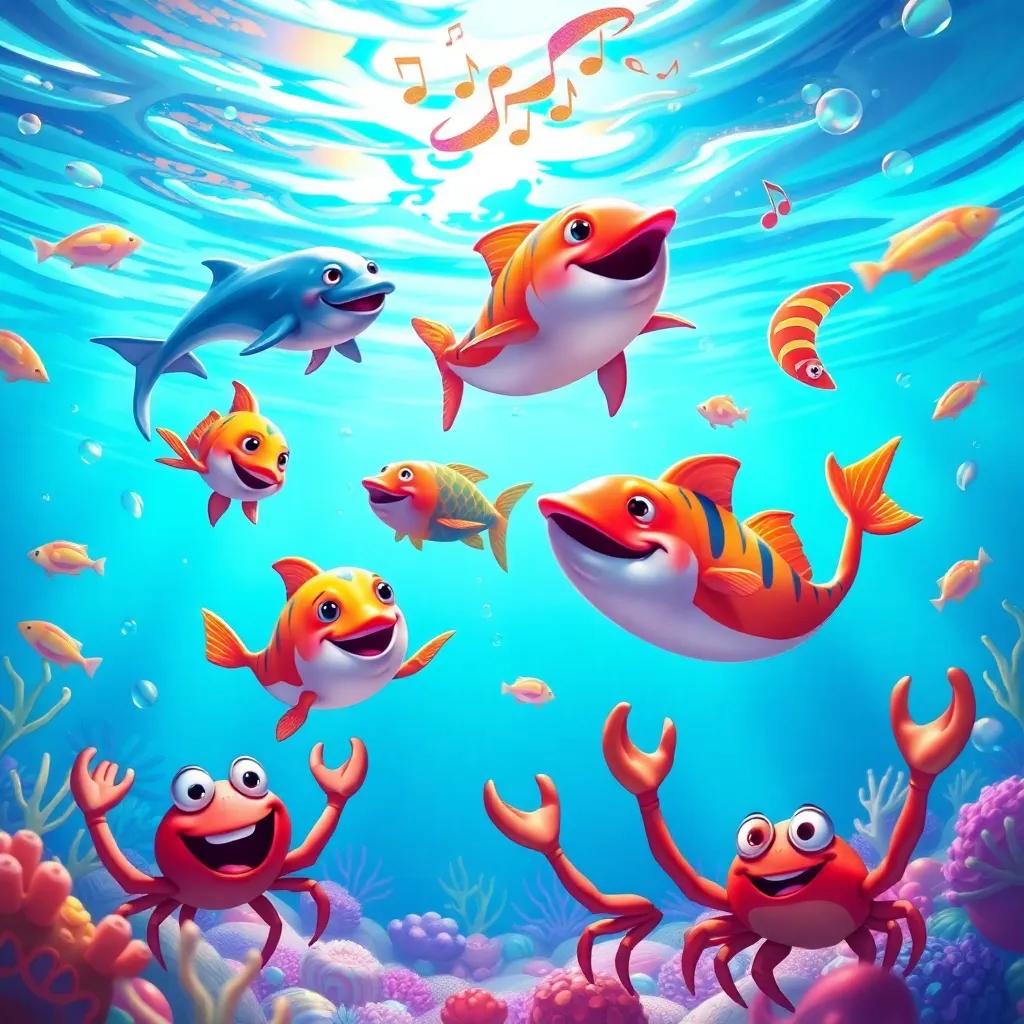 Fish dancing in the water, dolphins jumping joyfully, and crabs clapping claws to beautiful music, colorful underwater scene with smiling sea creatures, joyful atmosphere, bright and cheerful, digital painting, engaging perspective, high quality
