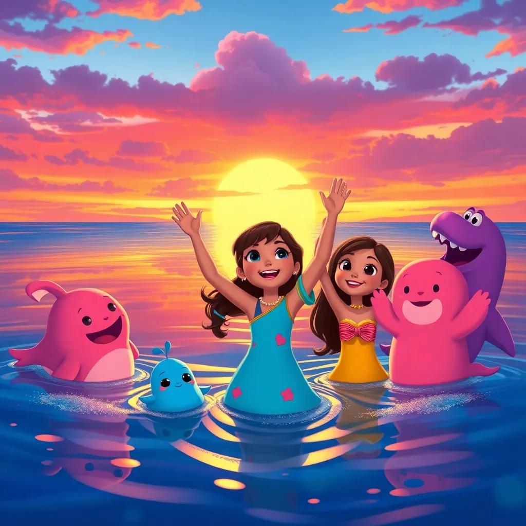 Maya and her friends waving goodbye to sea creatures after the concert, colorful sunset reflecting on the water, warm and joyful expressions, a sense of celebration and friendship, illustration, heartwarming, vivid colors, high quality