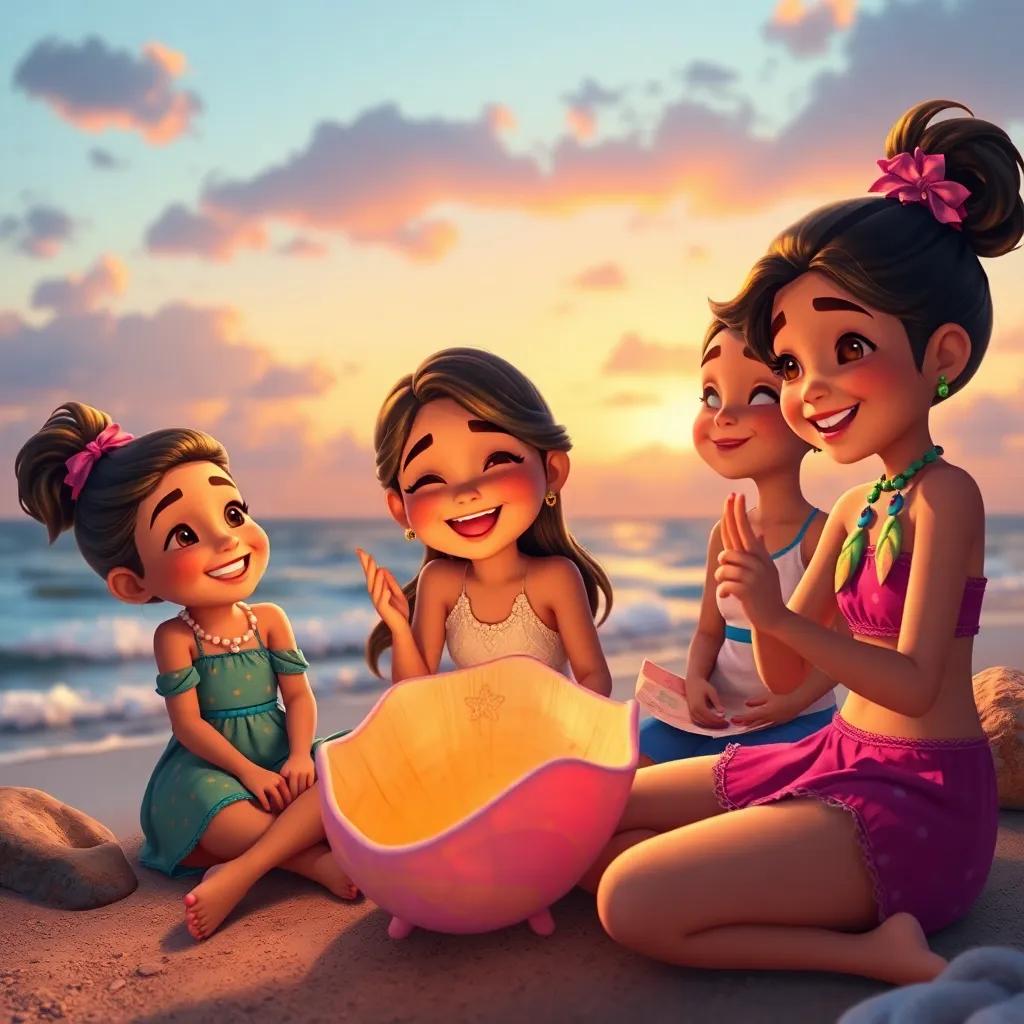 Maya and her friends playing with the seashell, sitting by the ocean, creating new songs with laughter and smiles, sunset glow, happy expressions, friendly vibe, digital art, cheerful atmosphere, high quality