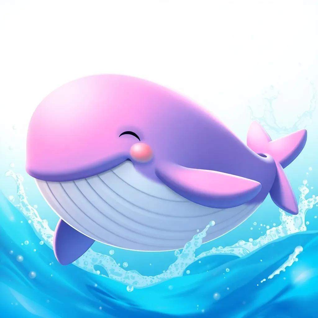 A big gentle whale, Wally, swimming gracefully in a sparkling blue ocean, surrounded by splashes of water, joyful and welcoming atmosphere, digital art, vibrant colors, cheerful scene, high quality