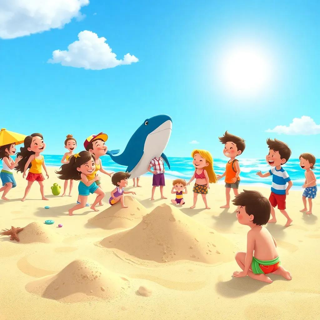 Beachgoers of all ages playing on the sandy beach, building sandcastles, laughing and dancing, with Wally the whale singing nearby, bright sun and blue sky, lively and colorful, illustration, happy children and families, high quality