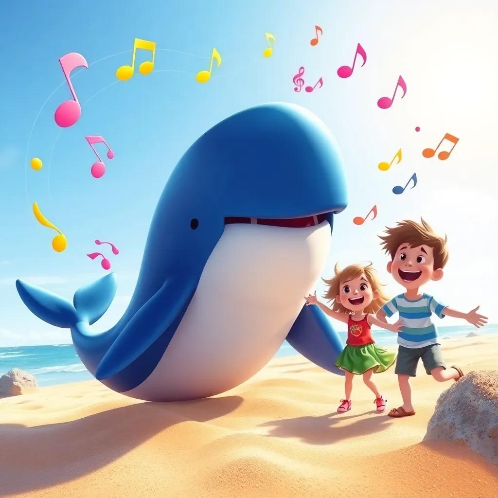 Wally the whale singing melodiously with colorful musical notes swirling around him, kids dancing in the sand with big smiles, bright sunny day, joyful mood, digital painting, vivid and uplifting, high quality