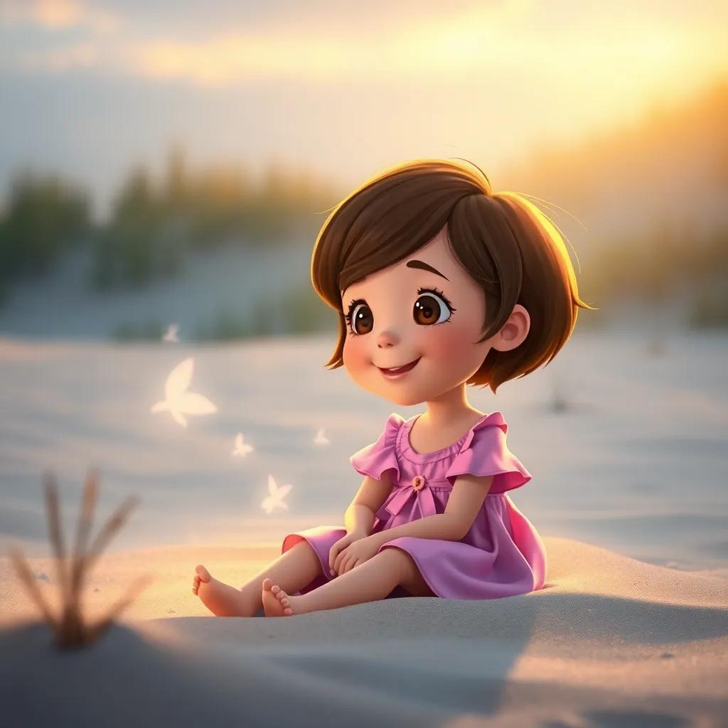 A little girl named Lily, with short brown hair and a pink dress, listening to Wally’s song while sitting in the sand, looking happy and enchanted, warm light, serene atmosphere, illustration, high quality