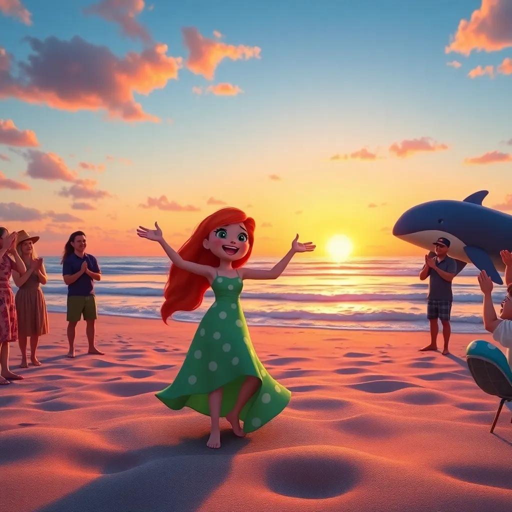 Lily starting to dance joyfully on the beach, Wally the whale happily singing, beachgoers clapping, a colorful sunset in the background, magical moment, vibrant colors, cheerful scene, digital art, high quality