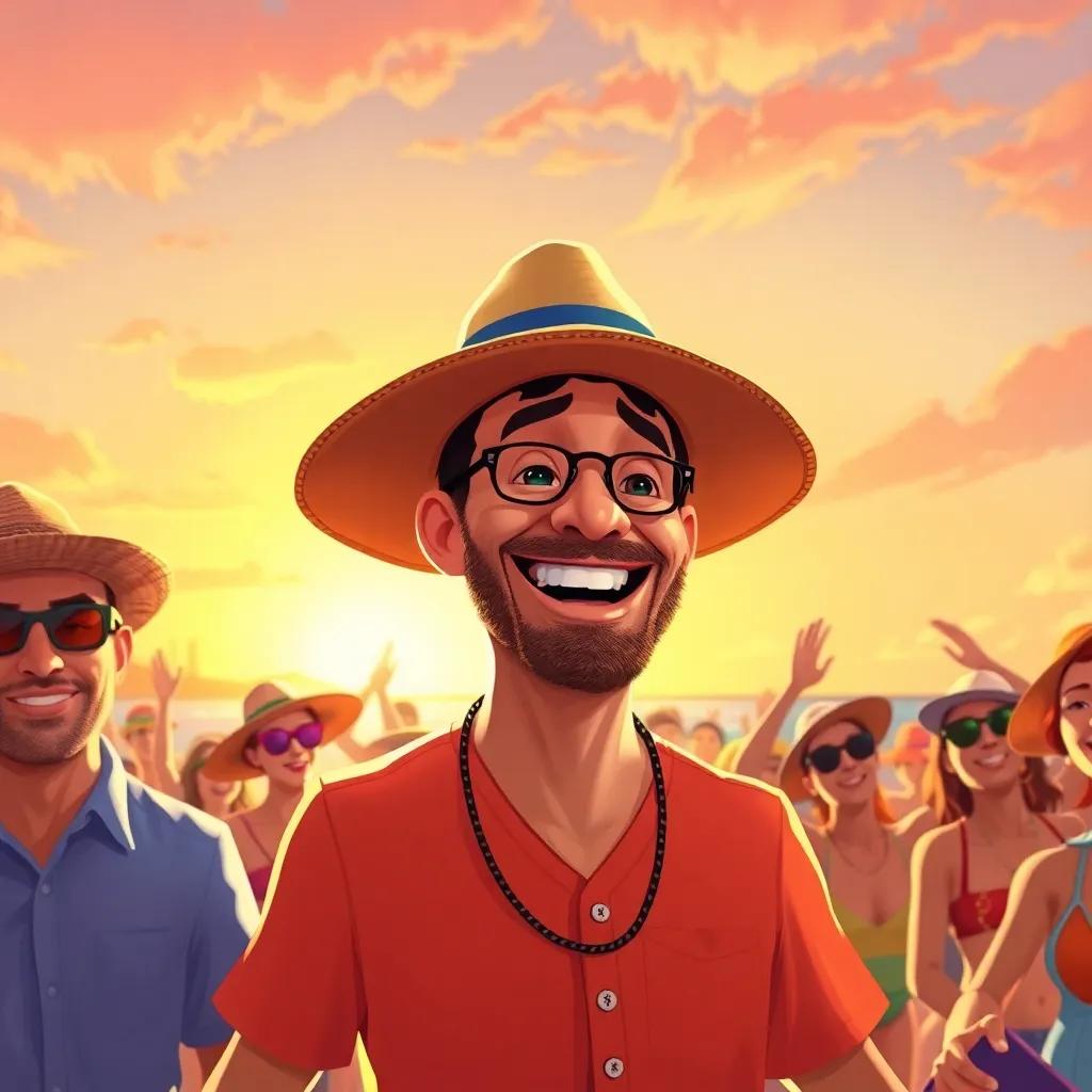 A man in a big hat, smiling and cheering for Wally, beachgoers all around him enjoying the music, warm sunset light, feeling of community and happiness, illustration, colorful and lively, high quality