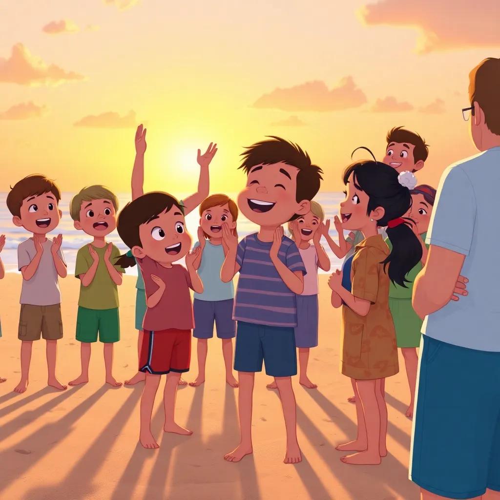 A group of children and adults clapping and cheering for Wally, with the sunset casting long shadows on the beach, joyful and animated expressions, vibrant scene, illustration, high quality