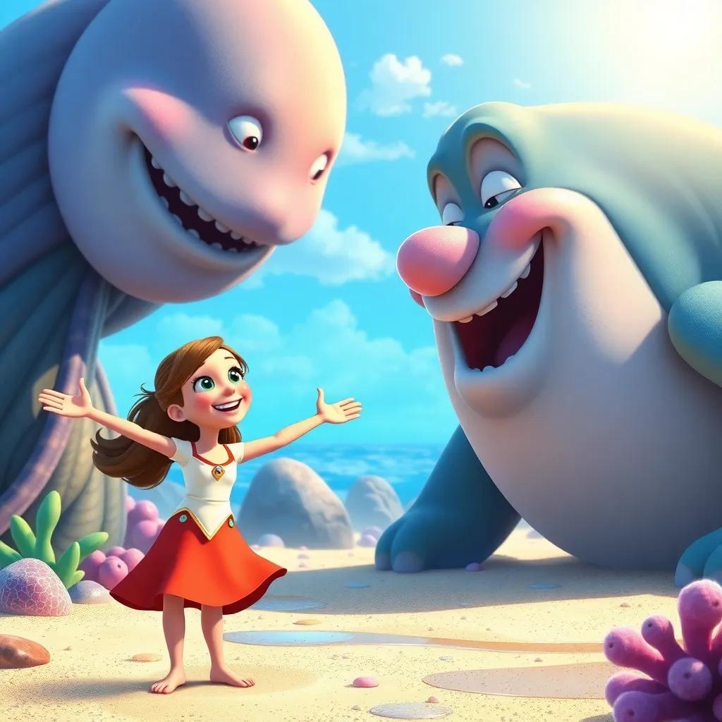 Lily with her arms open, thanking Wally, the gentle giant of the sea, Wally smiling back with joy, colorful beach scene filled with happiness, digital art, heartwarming, high quality