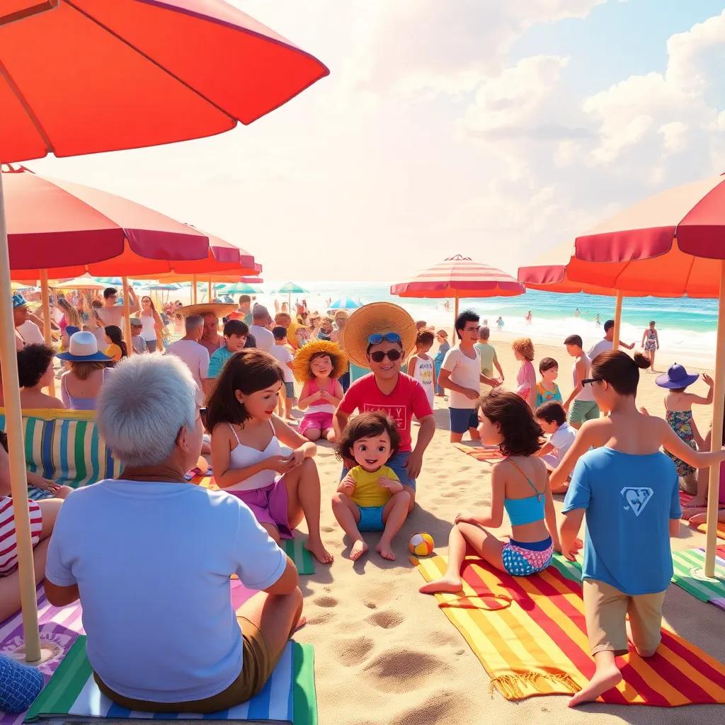 A lively beach scene filled with families returning each summer to enjoy Wally's songs, beach umbrellas and colorful towels, happy atmosphere, digital art, bright and inviting, high quality