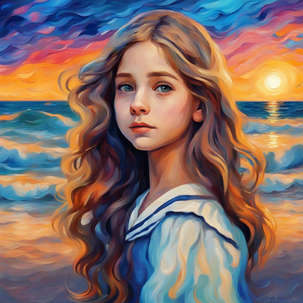 A young girl named Mira, with long, flowing hair, wearing a sailor outfit mixed with a beautiful siren dress, standing on the beach with sparkling waves in the background, digital art, bright colors, cheerful atmosphere, high quality