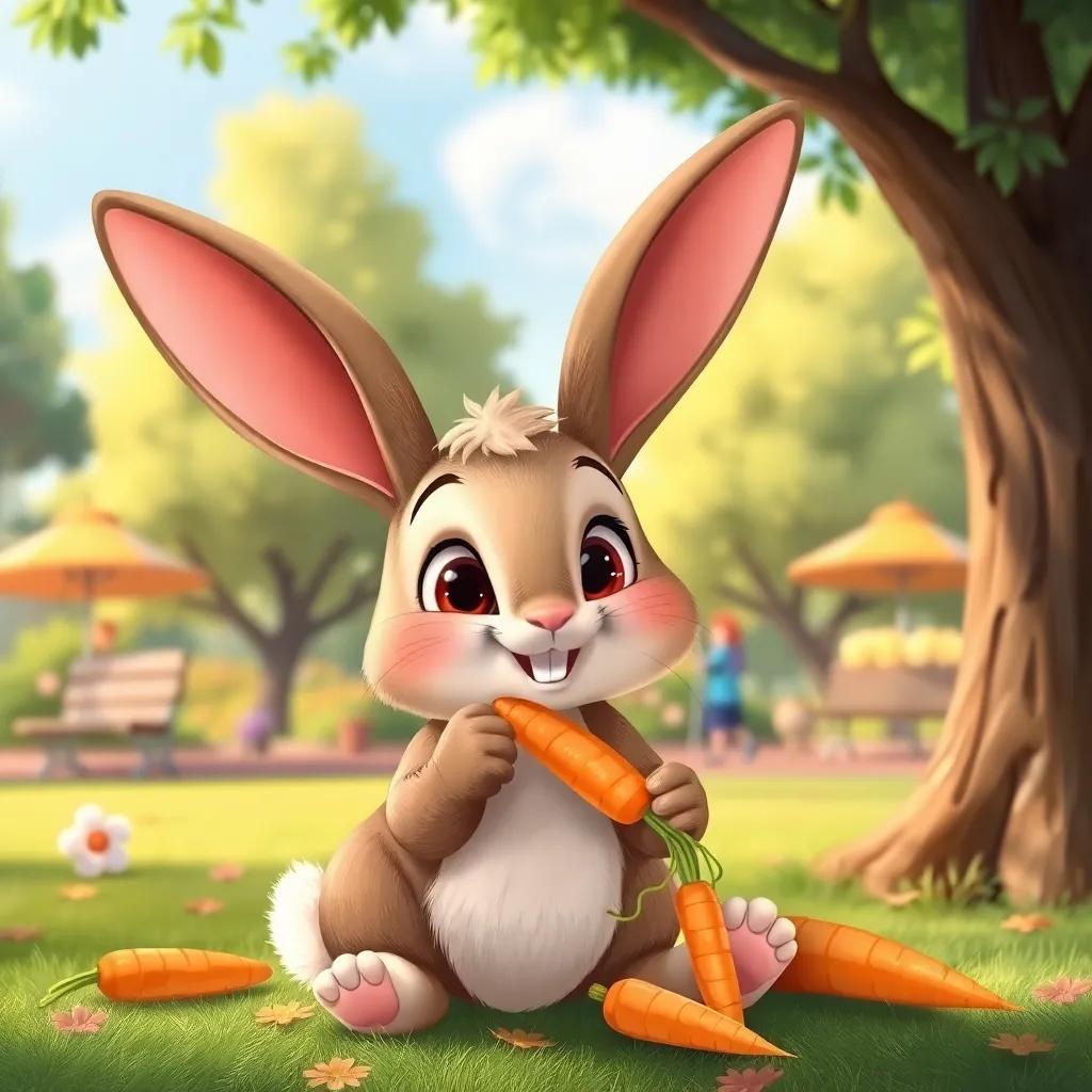 Benny the Bunny, a cute brown bunny with large ears, munching on crunchy carrots, sitting under a tree in a lively park, cheerful vibes, illustration, colorful, child-friendly