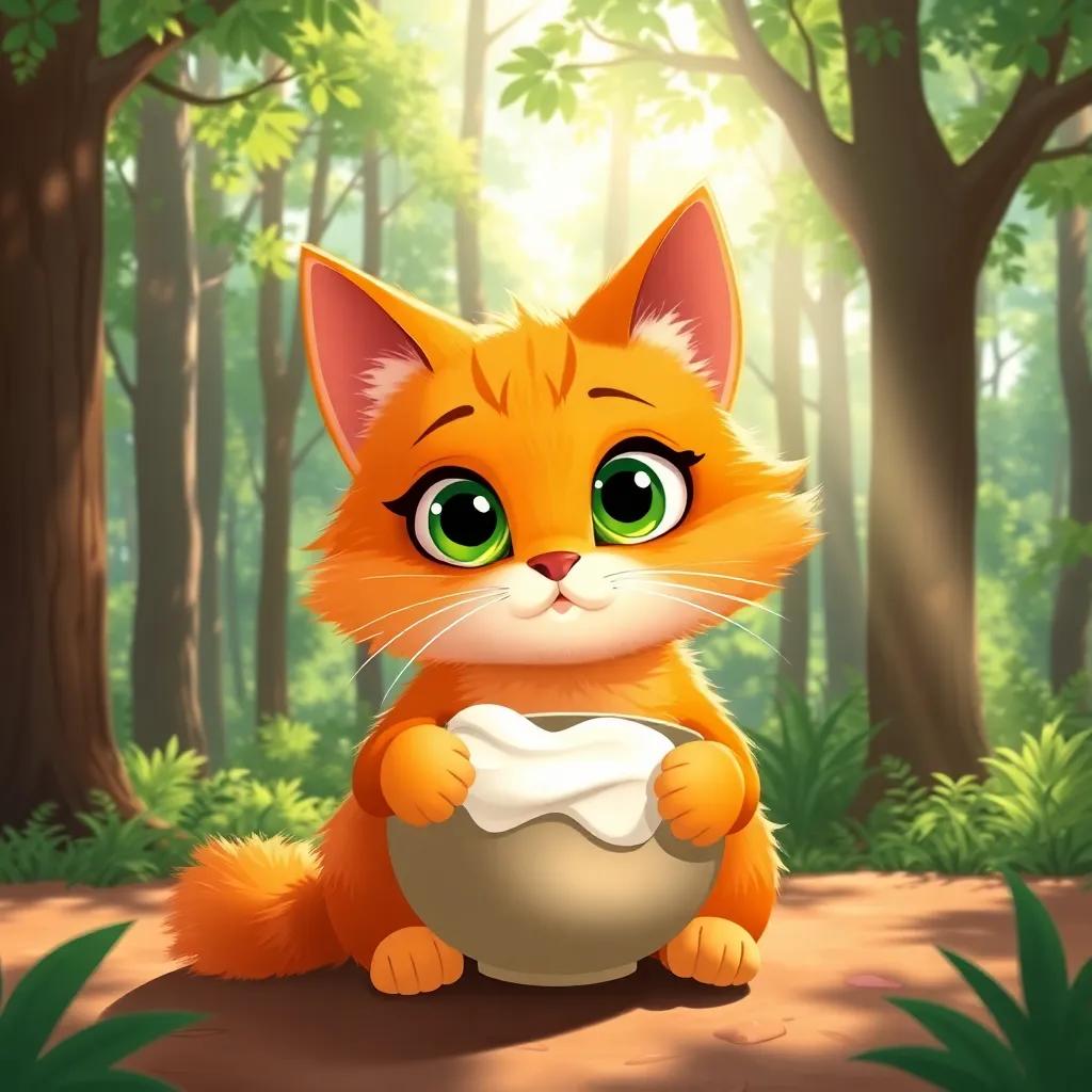 A sunny forest scene featuring Carla the Cat, a fluffy orange cat with big green eyes, enjoying yogurt from a bowl, surrounded by tall trees and dappled sunlight, cozy illustration, bright colors