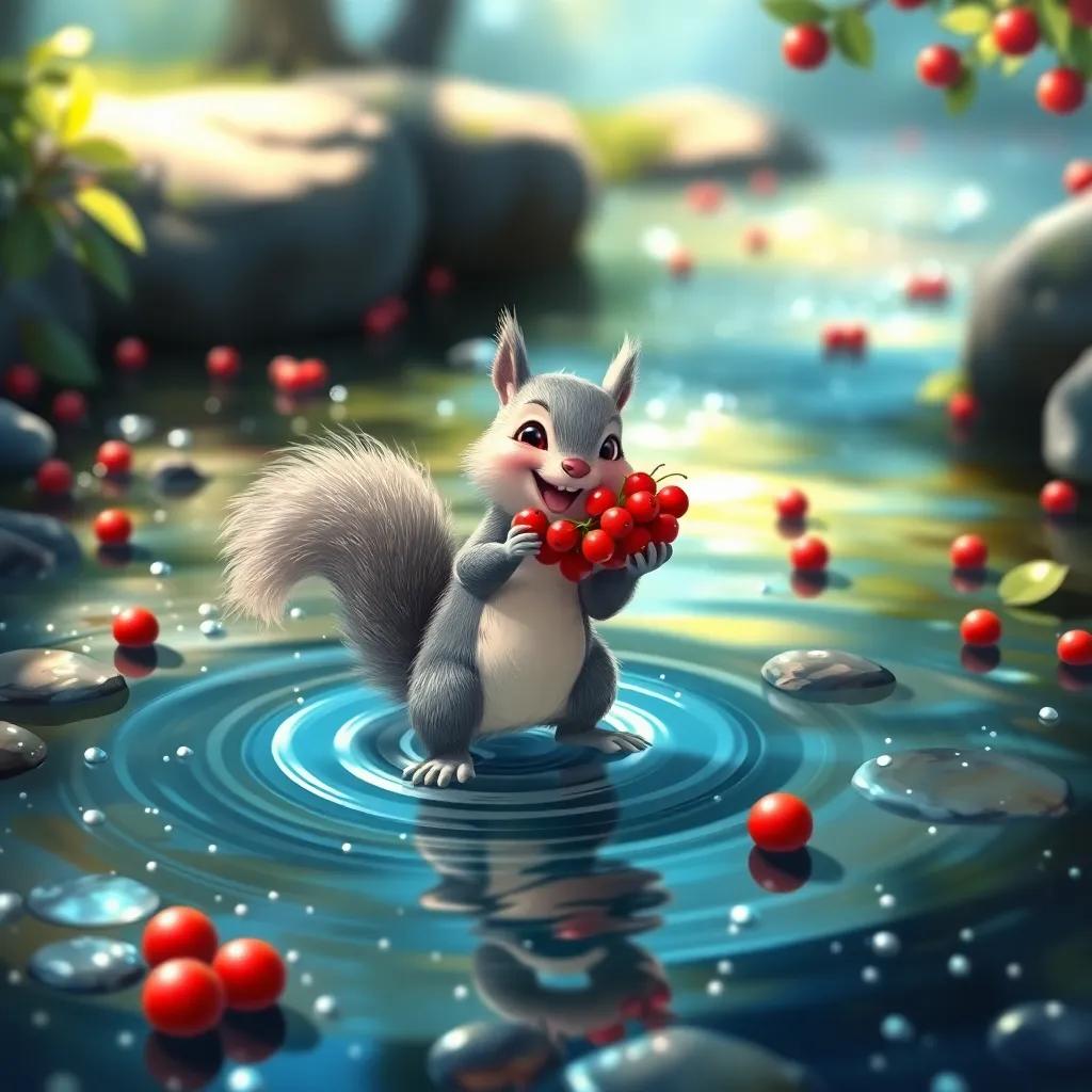 A sparkling stream with Sammy the Squirrel, a small gray squirrel holding a bunch of bright red berries, dancing on the water, joyful atmosphere, digital painting, vivid colors