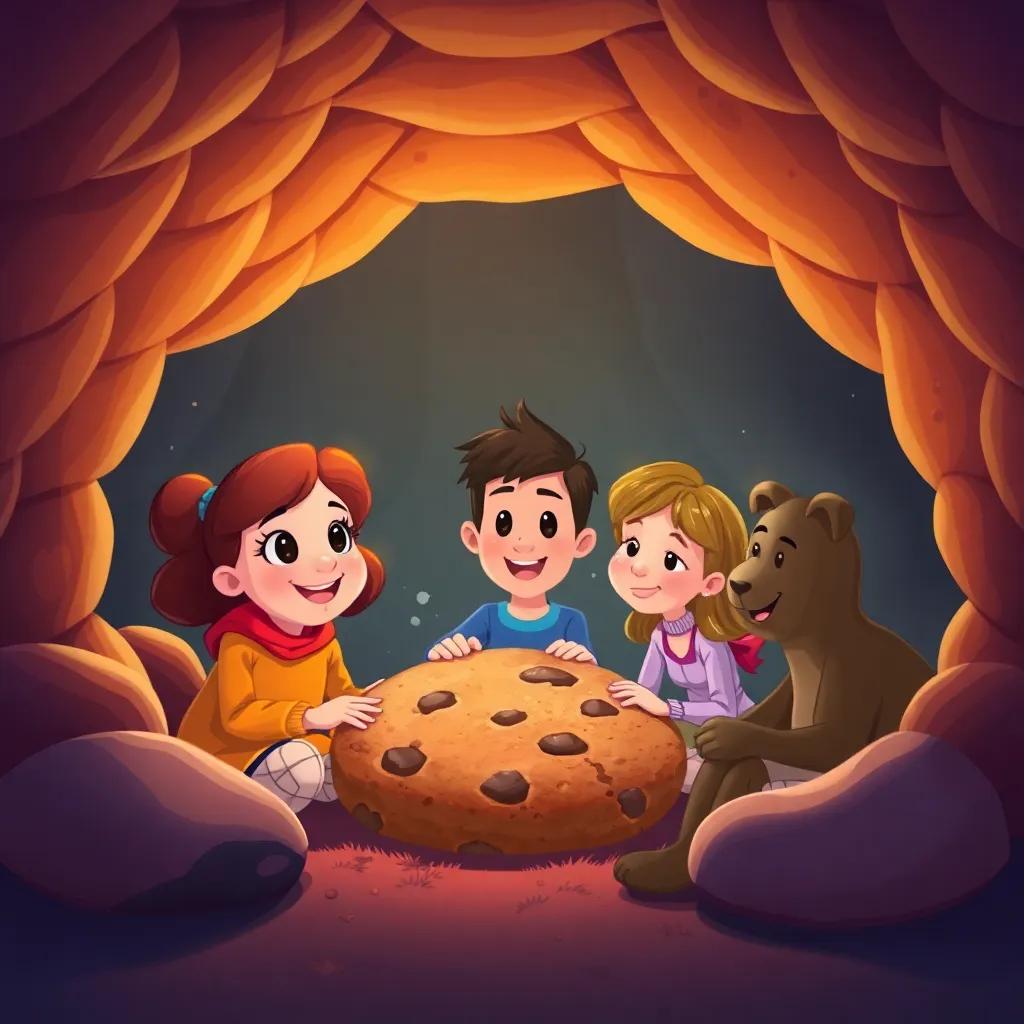 A cozy cave with Ella, Timmy, Benny, Carla, and Sammy inside, sharing a big cookie together, warm light, friendly vibes, engaging, heartwarming illustration